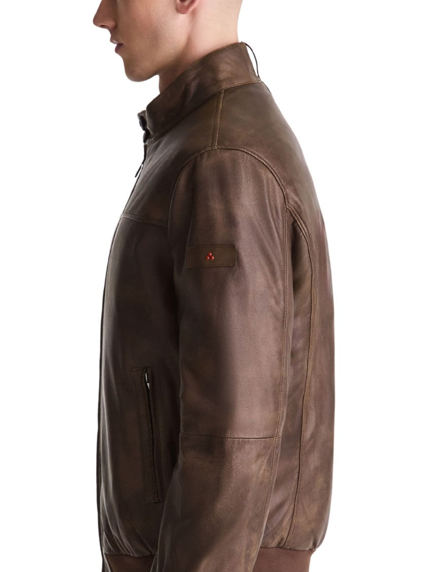 Peuterey Brown Vintage-Effect Leather Bomber Jacket With Ribbed Details