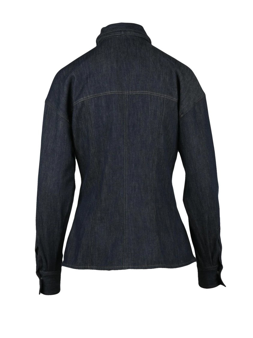 Brunello Cucinelli Fitted Dark Denim Shirt With Bow Tie Detail