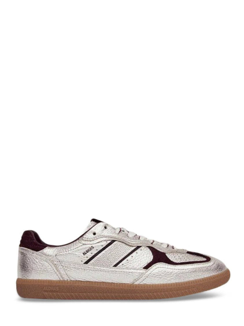 Alohas Metallic Silver Leather Sneakers With Burgundy Accents