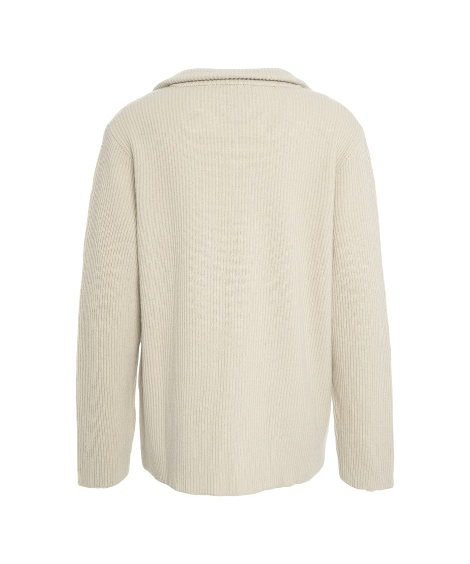 Roberto Collina Beige Ribbed Wool Cardigan With Notch Collar