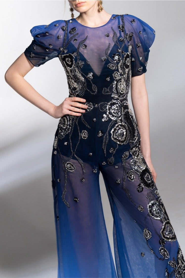 Saiid Kobeisy Gradient Printed Tulle Jumpsuit With Beading