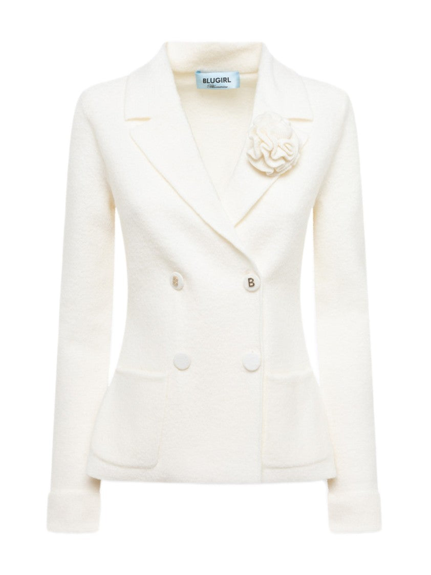 Blugirl Tailored Double-Breasted Jacket With Textured Fabric And Decorative Flower