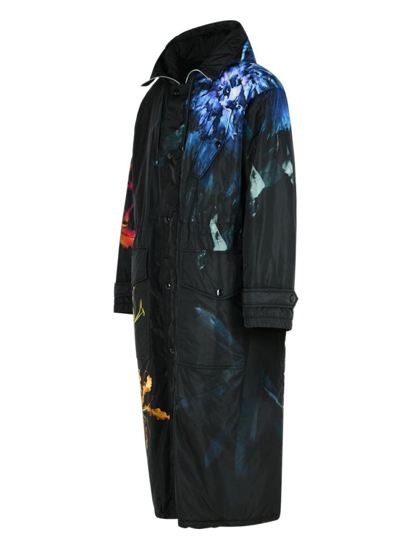 Dries Van Noten Floral Print Long Parka With Drawstring Hood And Functional Pockets