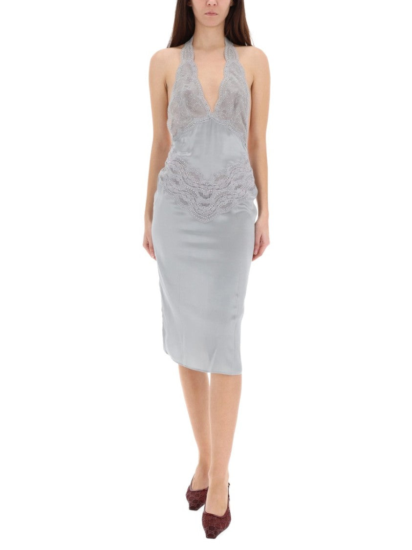 Gucci Silk Satin Dress With Deep V-Neckline And Lace Detailing