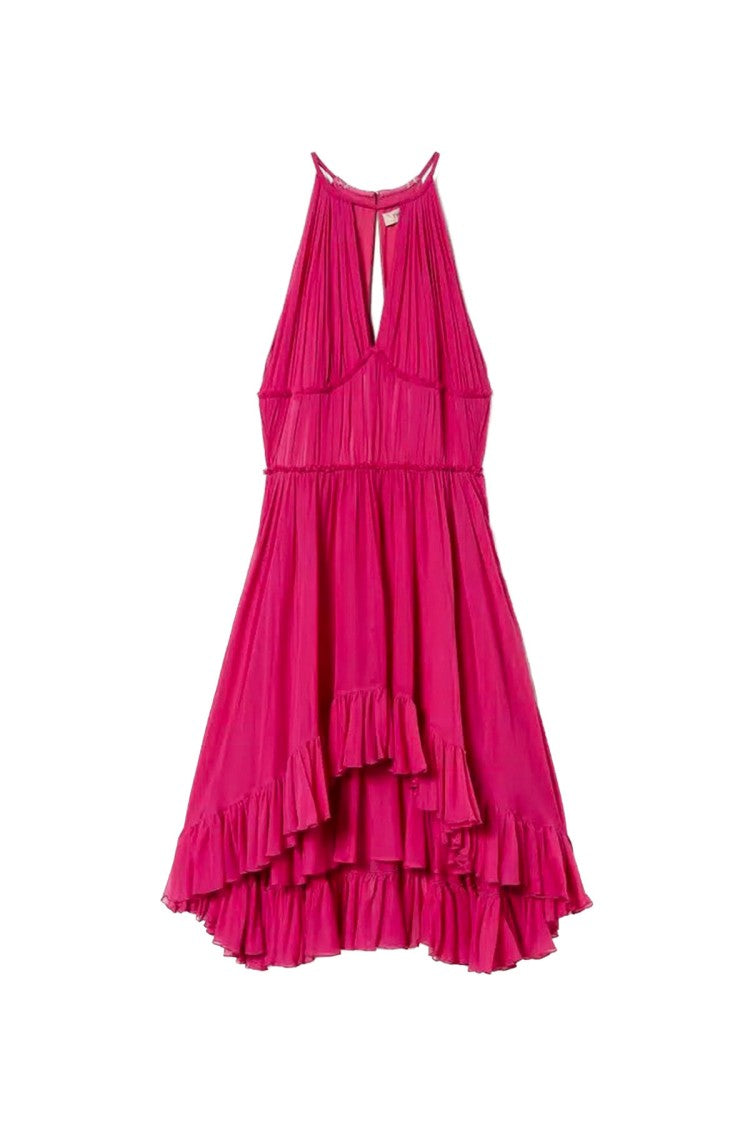 Twin-Set Fuchsias Halter-Neck High-Low Ruffle Viscose Day Dress