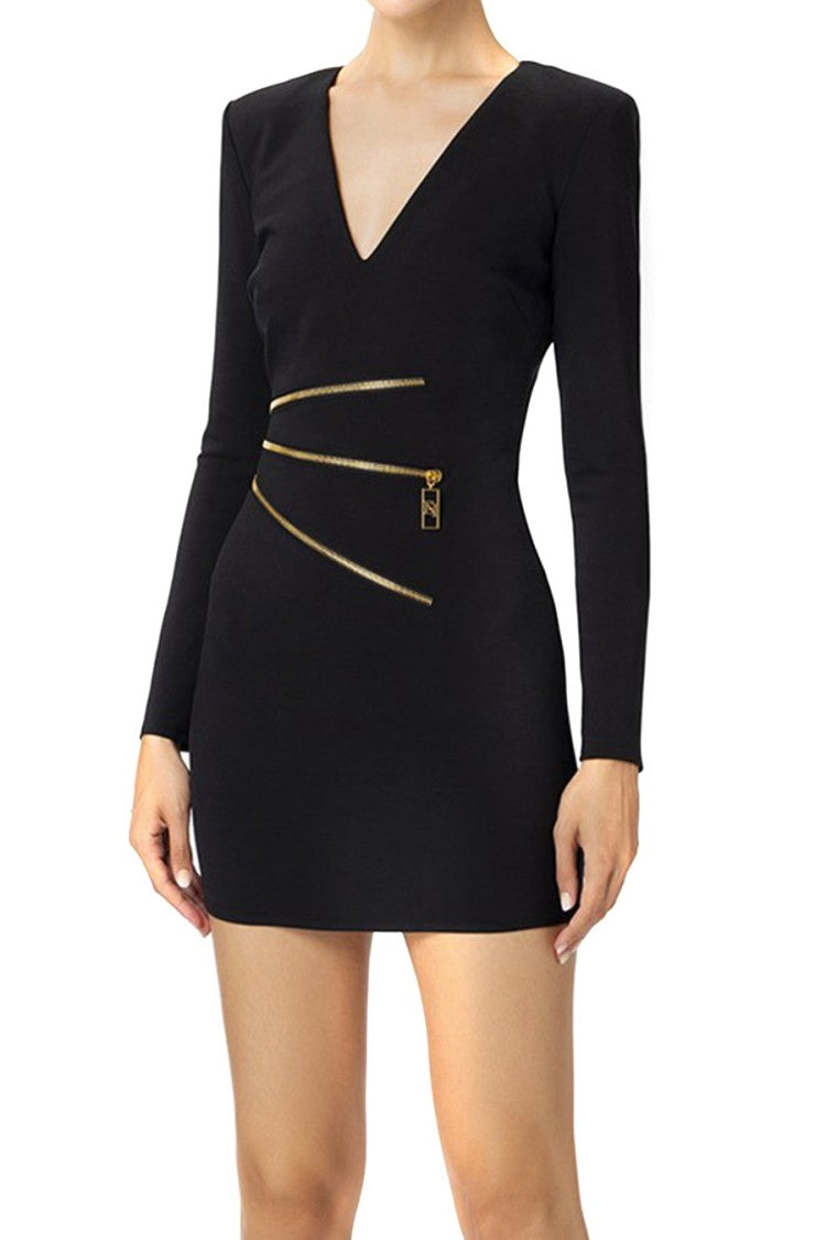 Elisabetta Franchi Deep V-Neck Dress With Gold Zipper Detail