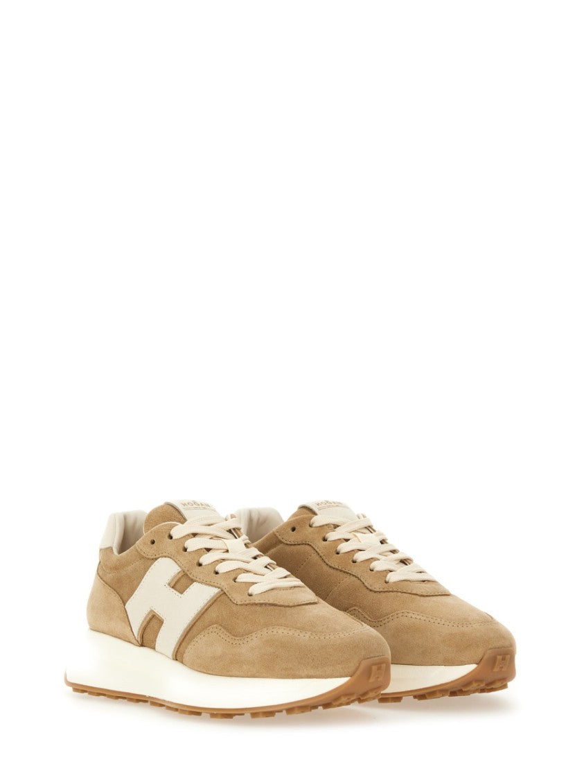 Hogan Beige Suede Sneakers With Contrasting Logo And Textured Sole