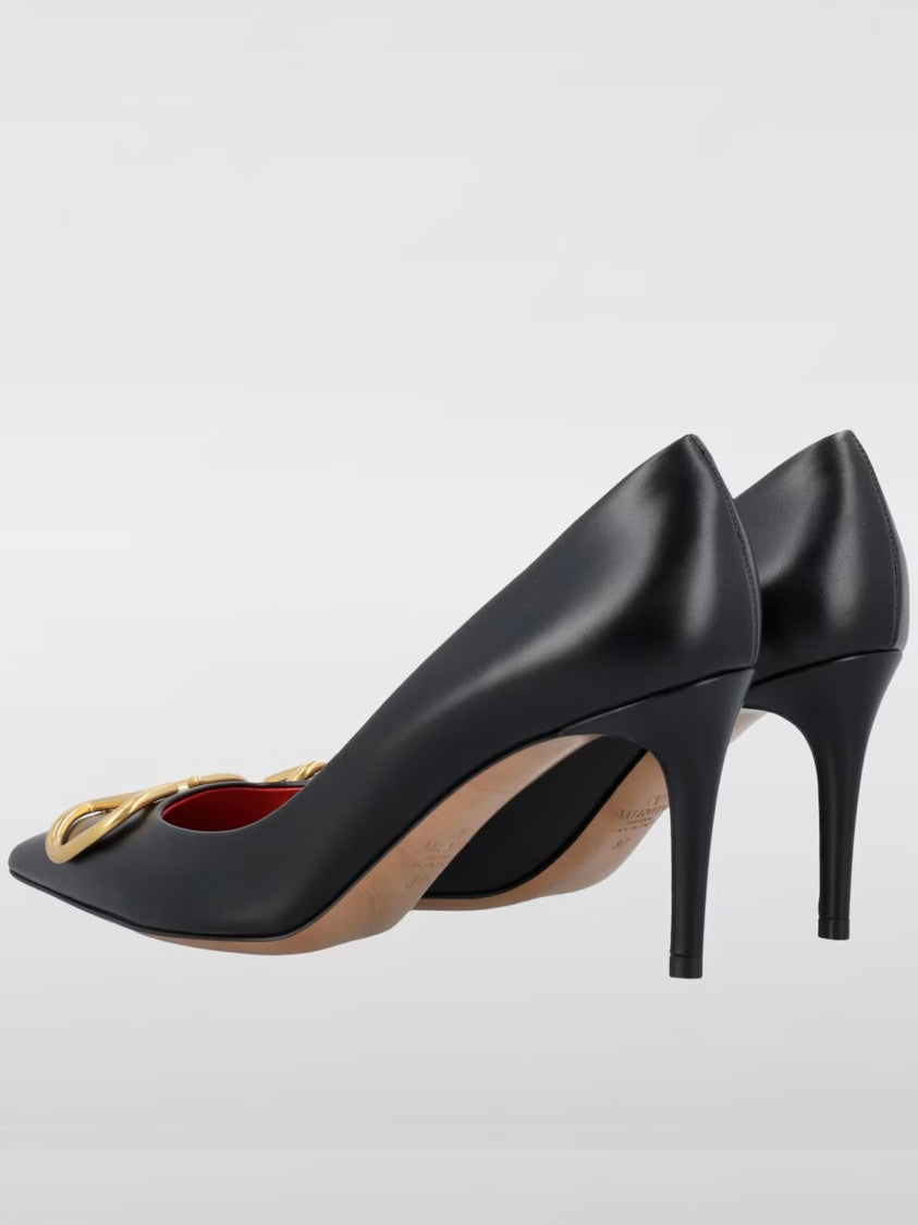 Valentino Black Pointed-Toe Gold Buckle Leather Pumps