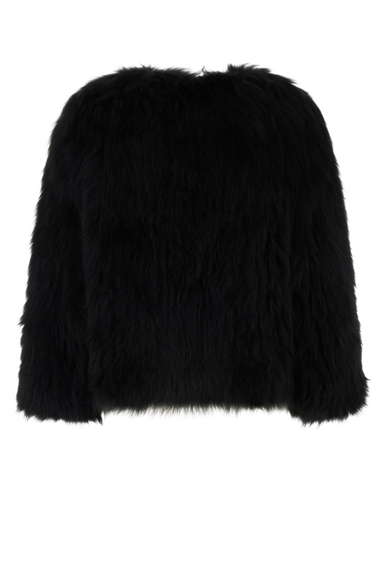 Yves Salomon Plush Textured Black Fur & Shearling Jacket