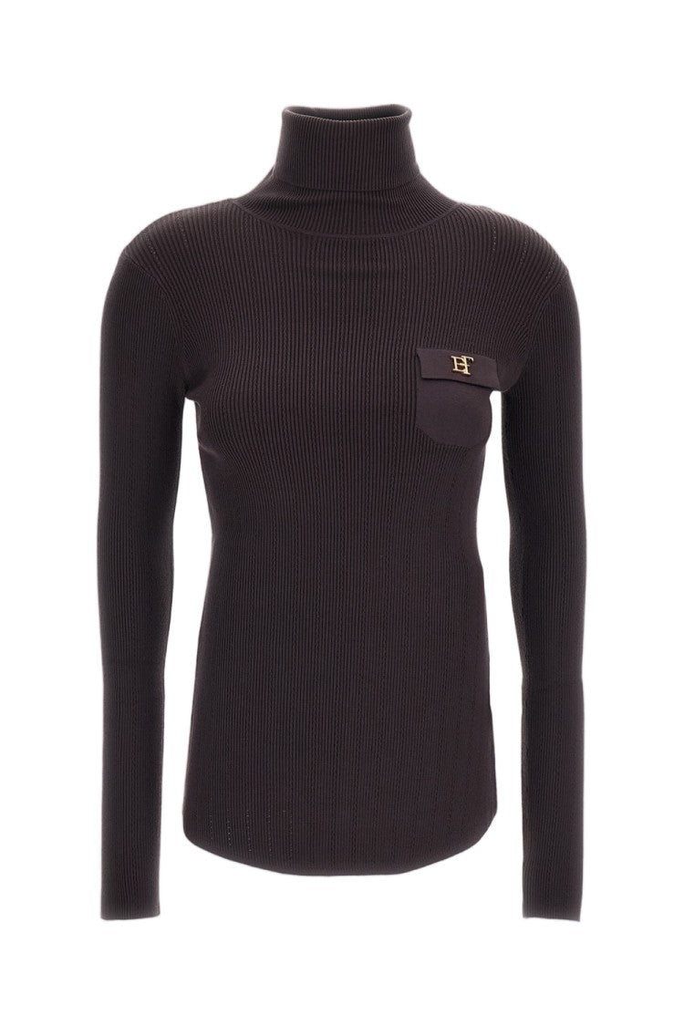 Elisabetta Franchi Brown Stretch Ribbed Turtleneck Top