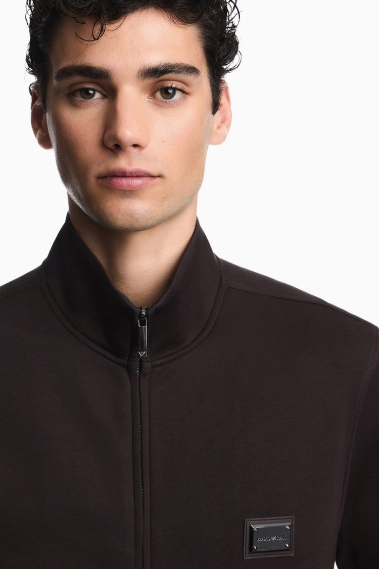 Emporio Armani Dark Brown Logo Plate Stand-Collar Modal Sweatshirt