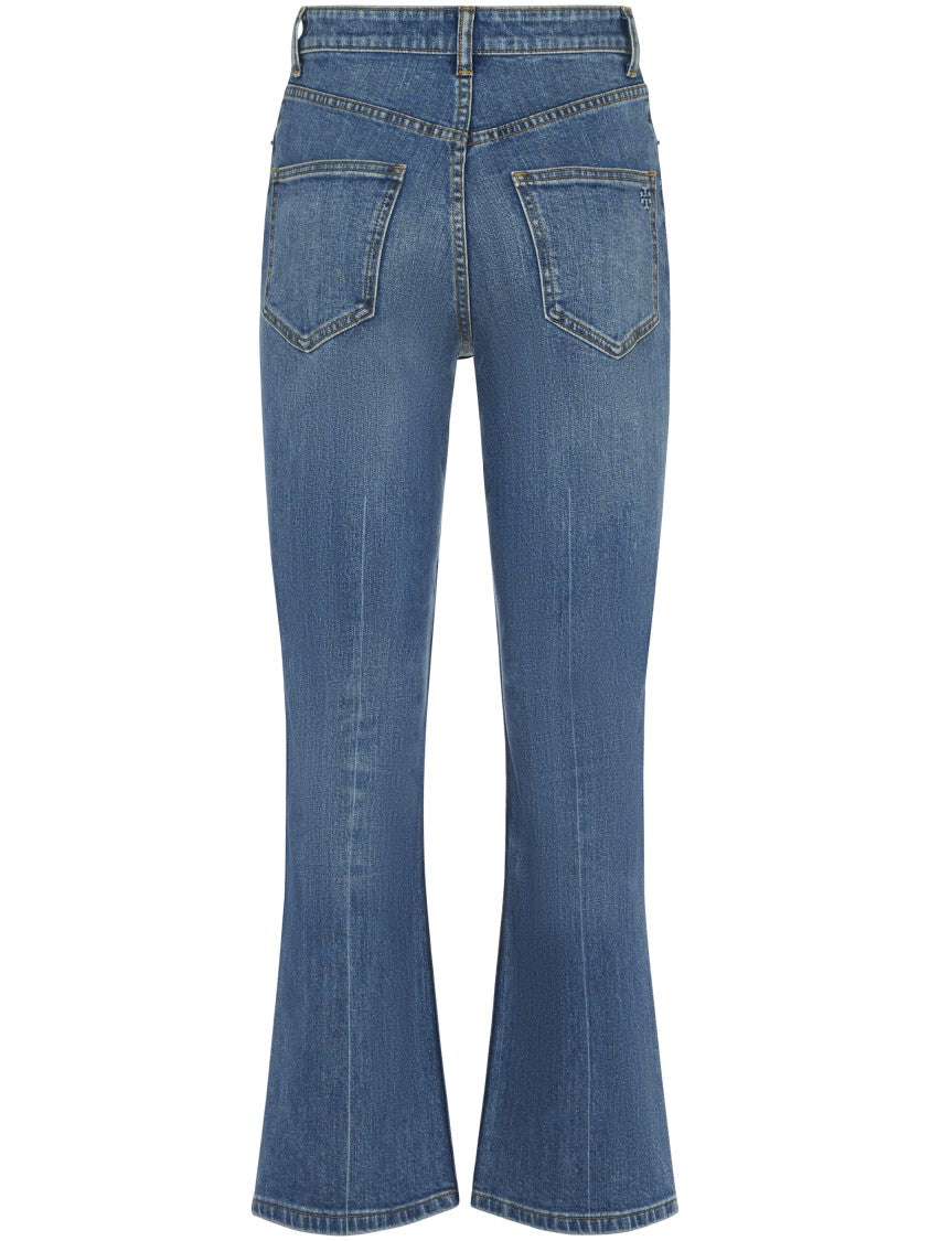 Tory Burch Cropped Flare Jeans With Classic Blue Wash And Five-Pocket Design