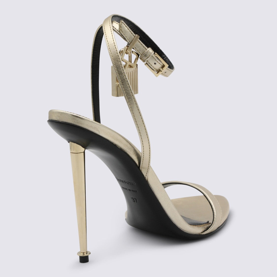Tom Ford Gold Metallic Stiletto Sandals With Decorative Padlock Charm