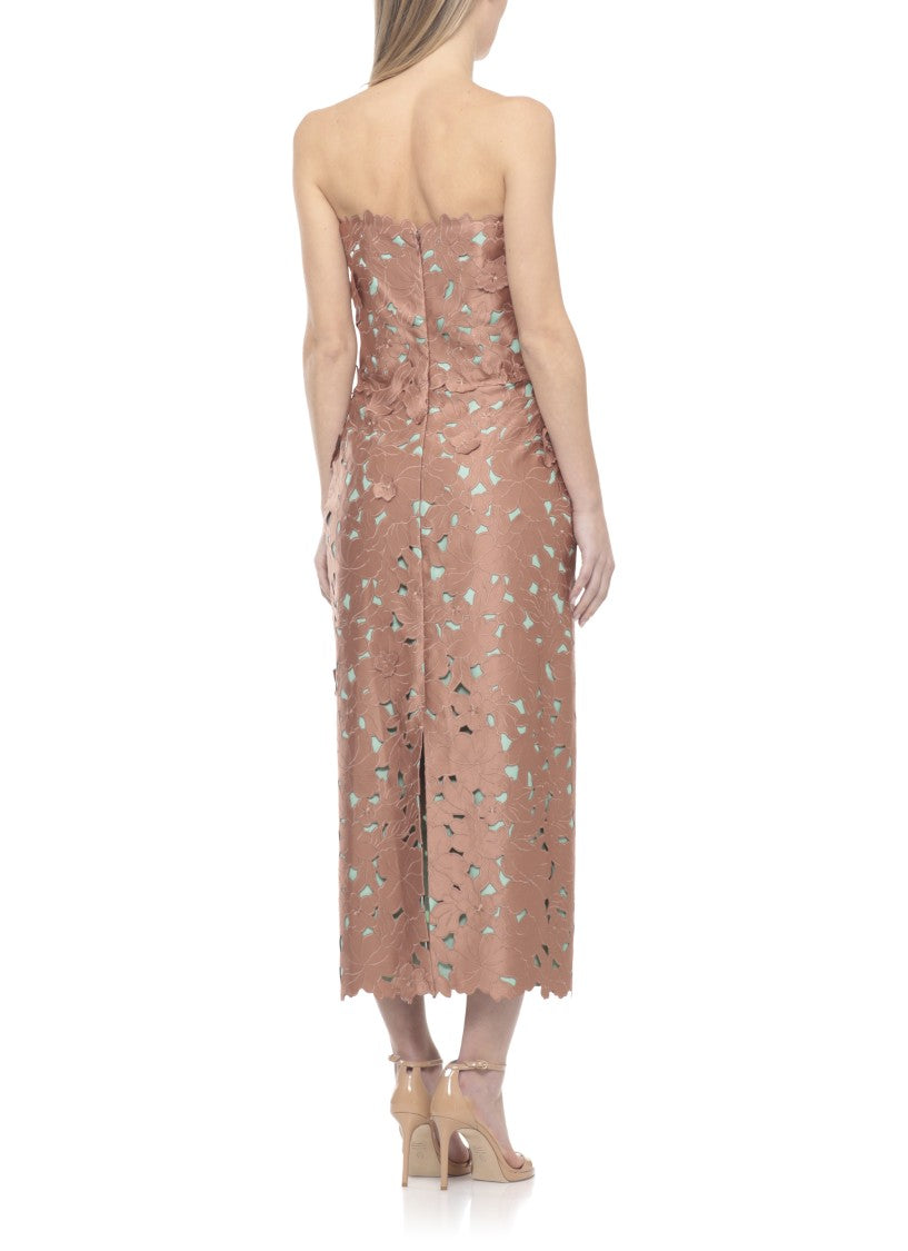 Costarellos Floral Lace Midi Dress With Straight Neckline And Cut-Out Details