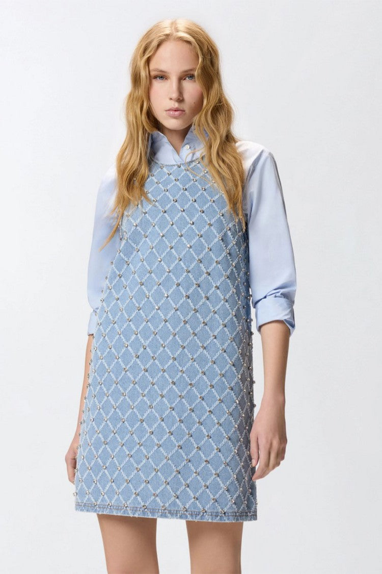 Pinko Light Blue Allover Bead Stud Diamond Lattice Cotton Mini Dress