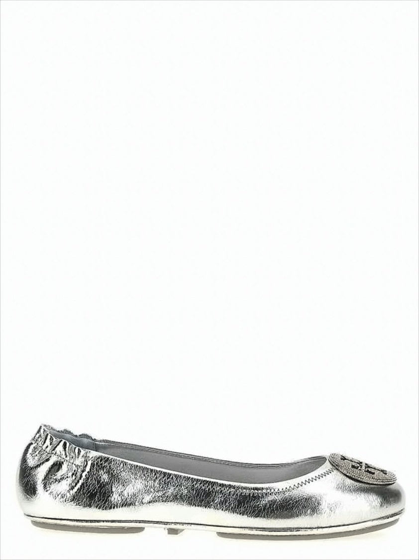 Tory Burch Metallic Leather Flat Shoes With Textured Emblem