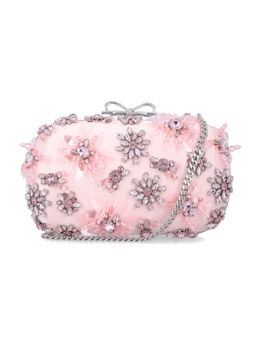 Self-Portrait Pink Satin Floral Clutch With Crystal Embellishments
