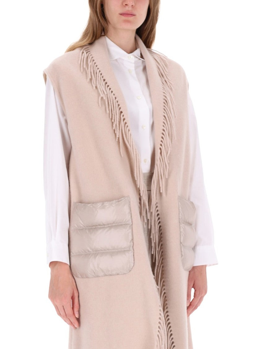 Herno Fringed Neutral Tone Vest With Quilted Patch Pockets