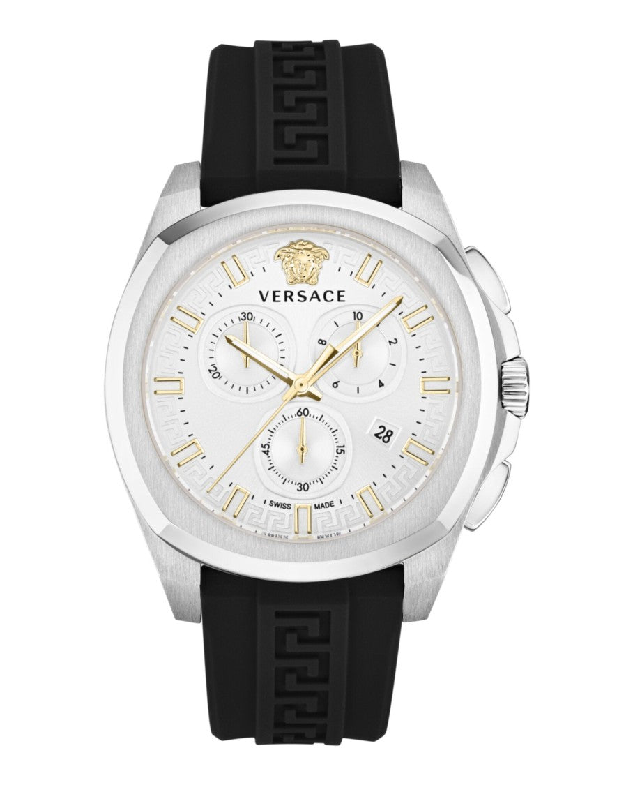 Versace Geo Chrono Strap Watch With Polished Stainless Steel Case