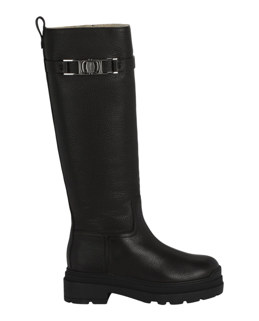 Ferragamo Pebbled Calfskin Knee-High Boots With Silver-Tone Detail