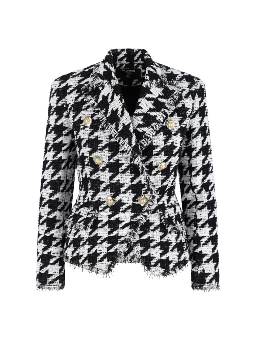 Balmain Double-Breasted Houndstooth Blazer With Frayed Design