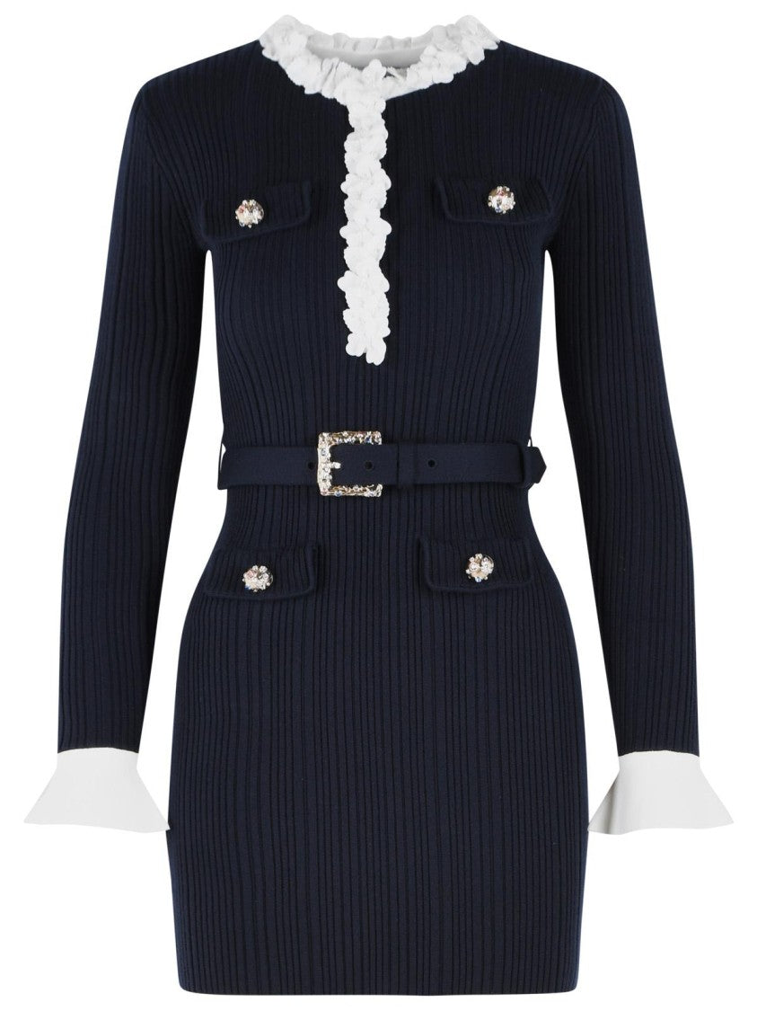 Self-Portrait 'Flower' Mini Dress In Navy Wool Blend