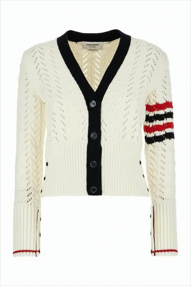 Thom Browne Cropped Open-Knit Cardigan With Striped Cuff Details