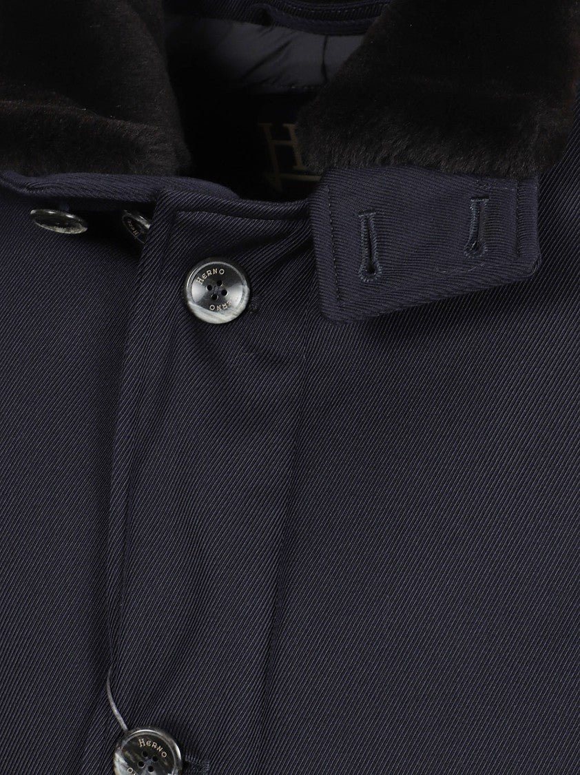 Herno Structured Blue Virgin Wool Coat With Fur Collar