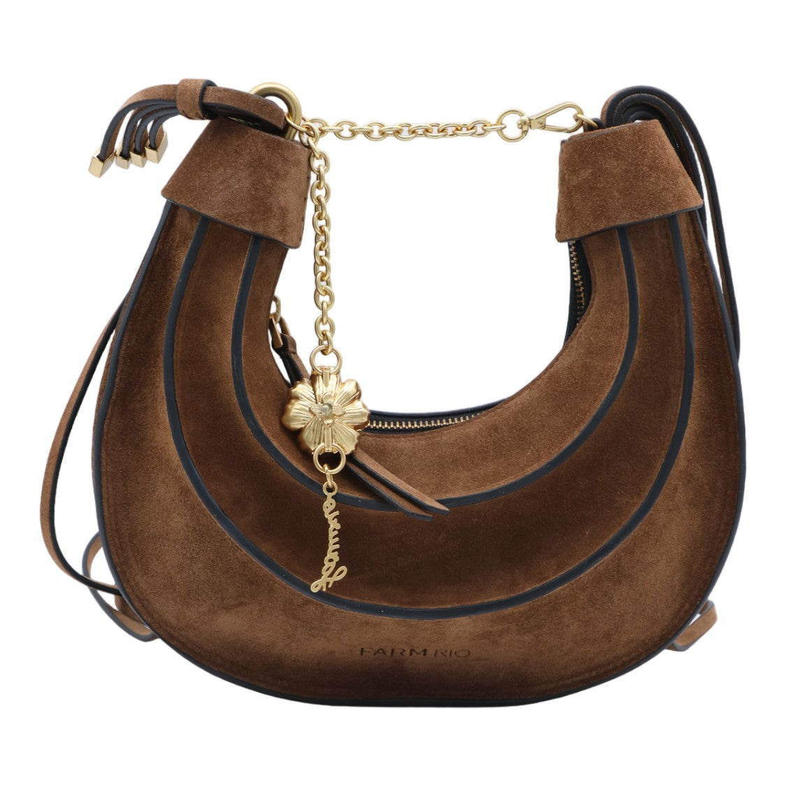 Farm Rio Crescent-Shaped Brown Suede Bag With Gold-Tone Accents