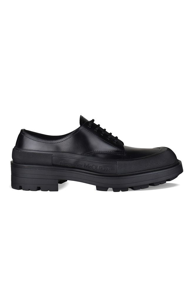 Alexander Mcqueen Topstitched Black Leather Derbies With Contrasting Sole