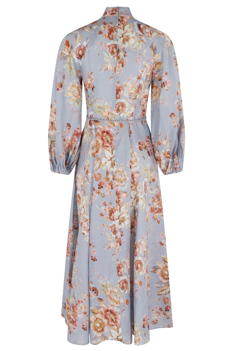 Zimmermann Blue Awaken Billow Floral V-Neck Linen Midi Dress