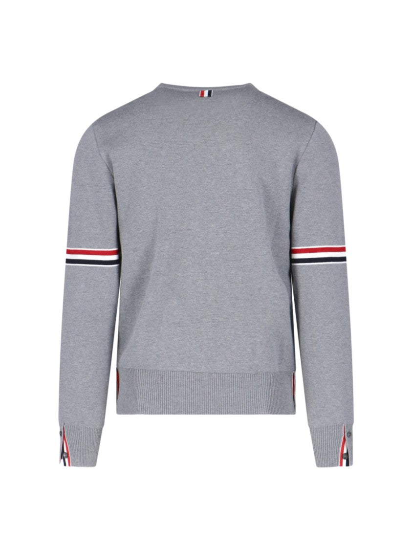 Thom Browne Grey Cotton Crewneck Sweater With Tricolor Grosgrain Highlights