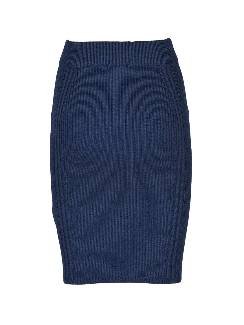 Balmain Fitted Blue Knit Skirt With Ribbed Texture And Gold Button Detailing