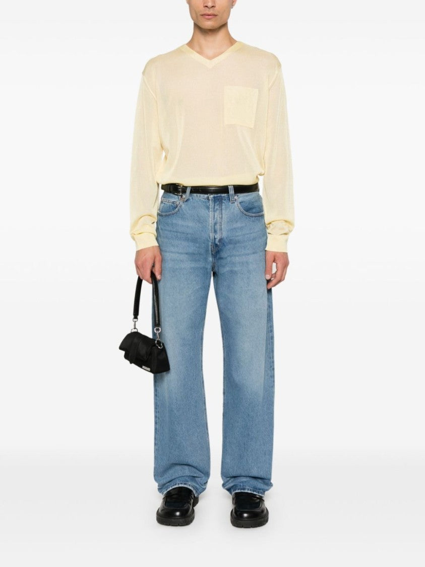 Jacquemus Light Yellow Semi-Sheer Knit V-Neck Sweater