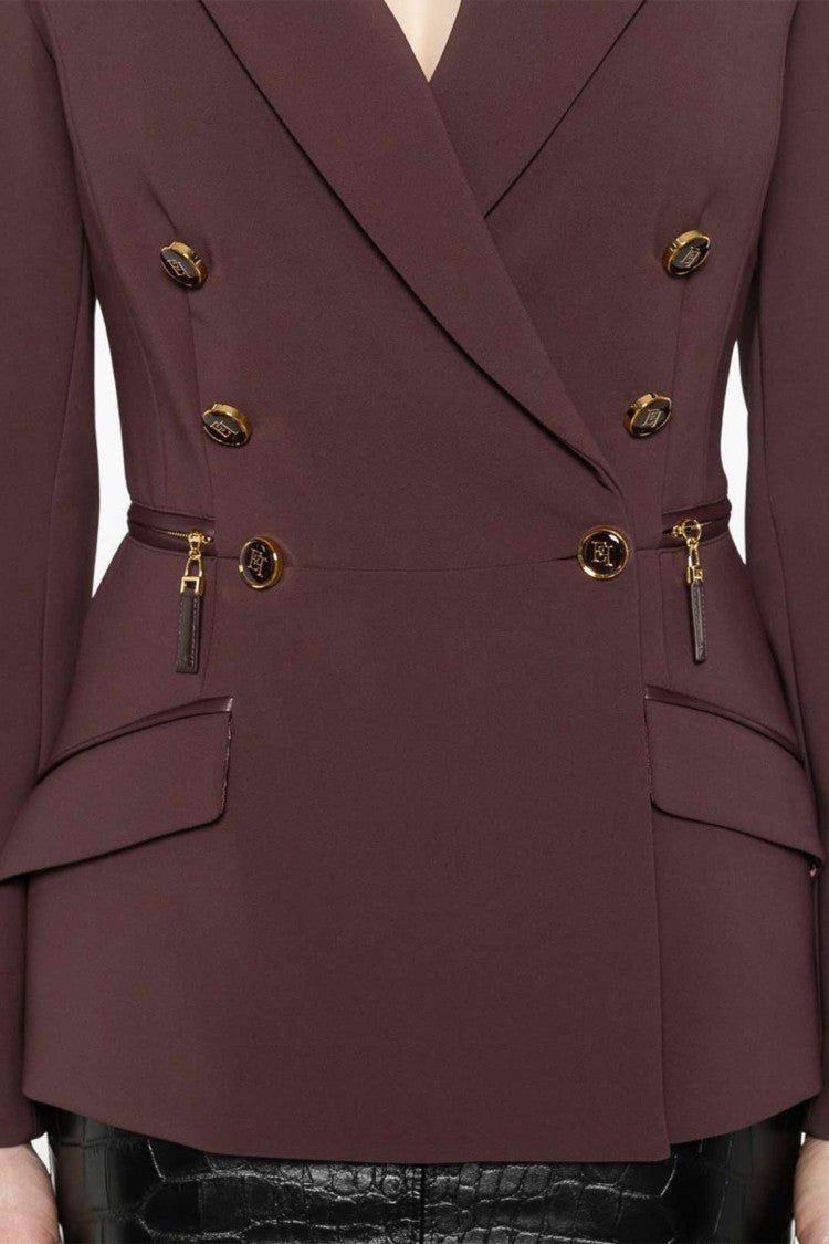 Elisabetta Franchi Burgundy Double-Breasted Gold Button Polyester-Blend Blazer