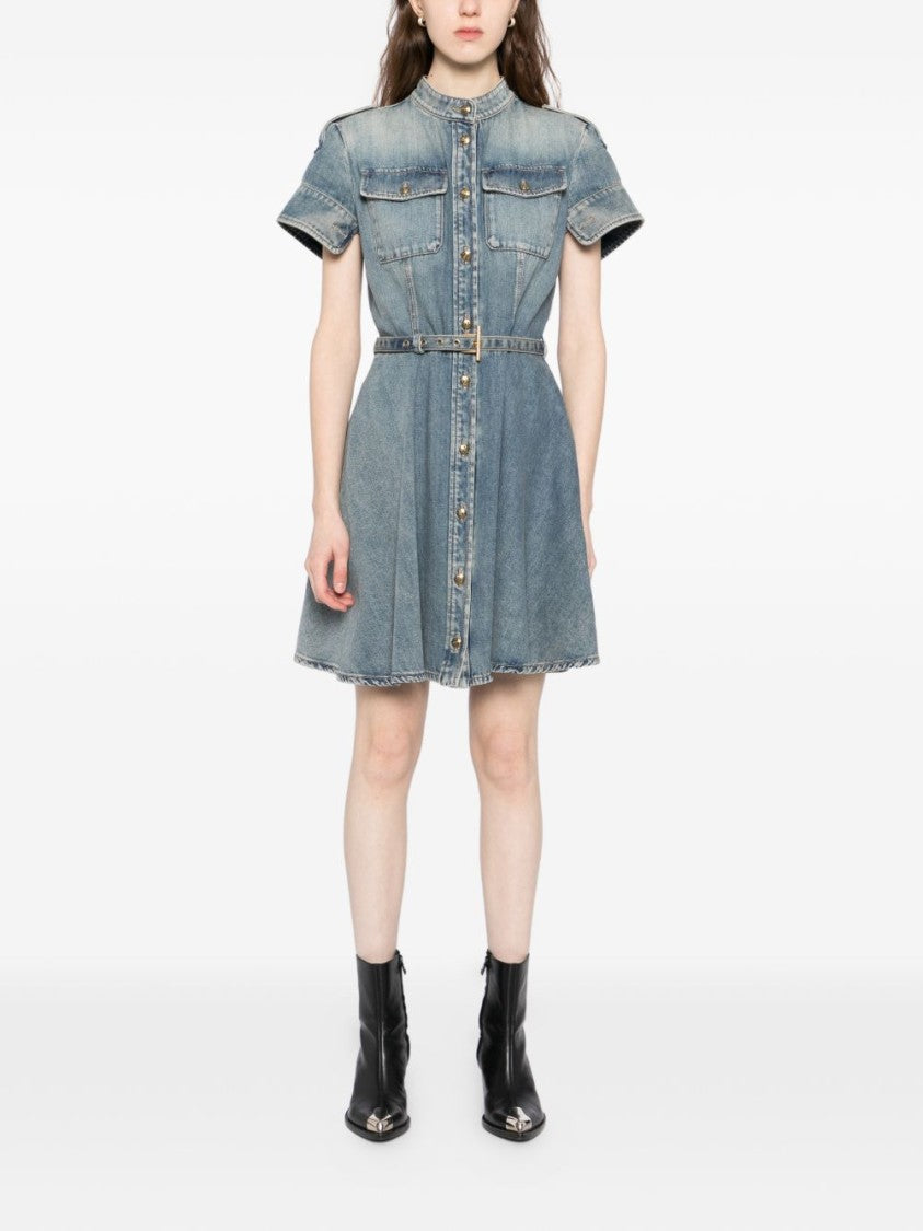 Alexander Mcqueen Faded Denim Mini Dress With Gold-Tone Accents