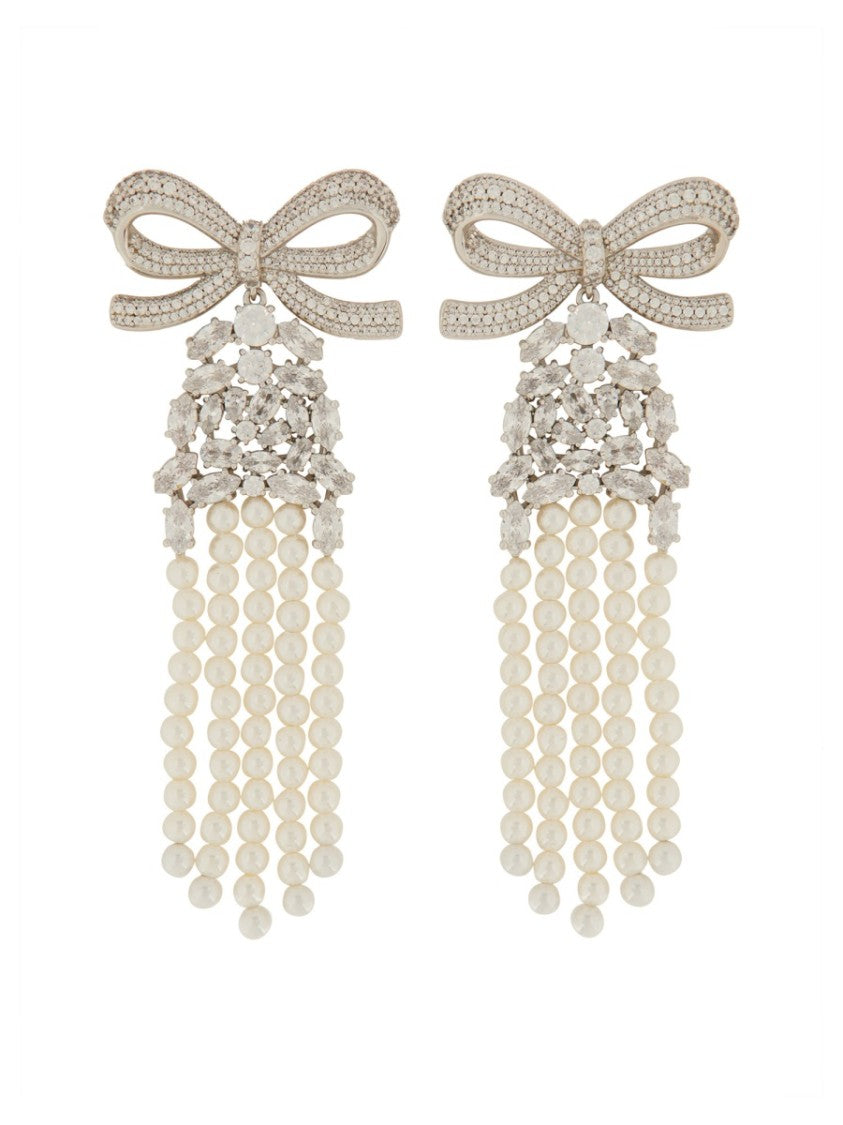 Self-Portrait Drop Earrings With Delicate Bow And Pearl Strands