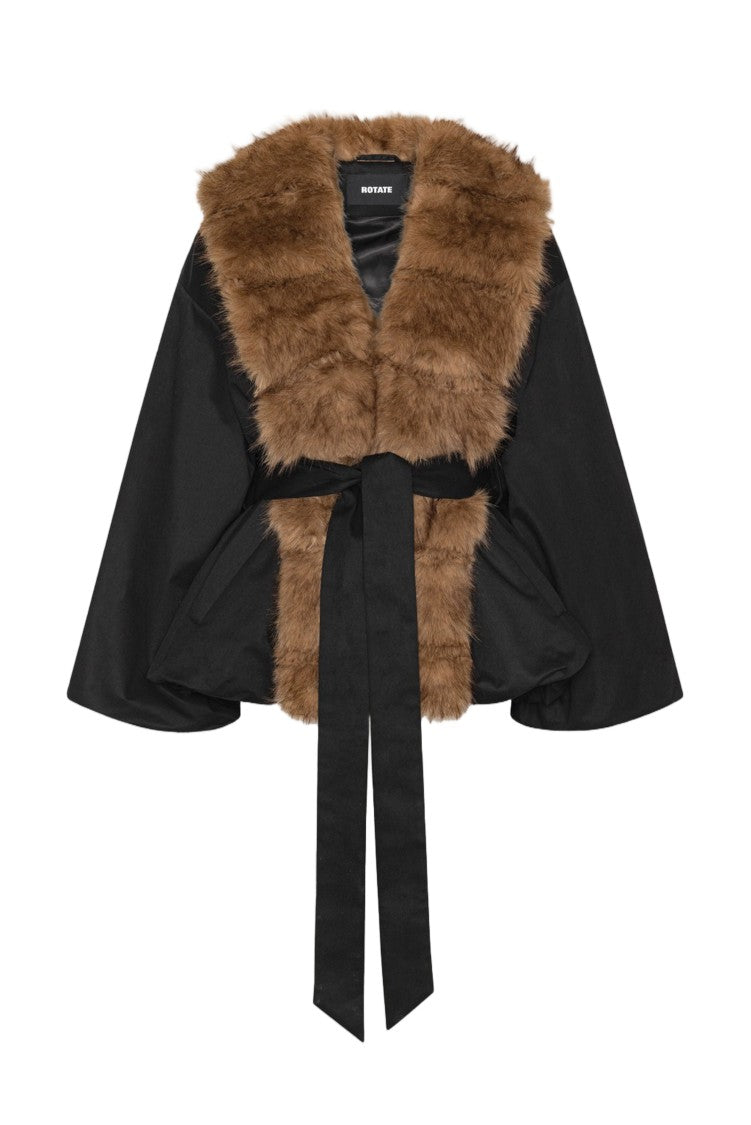 Rotate Black Faux Fur Collar Peplum Jacket
