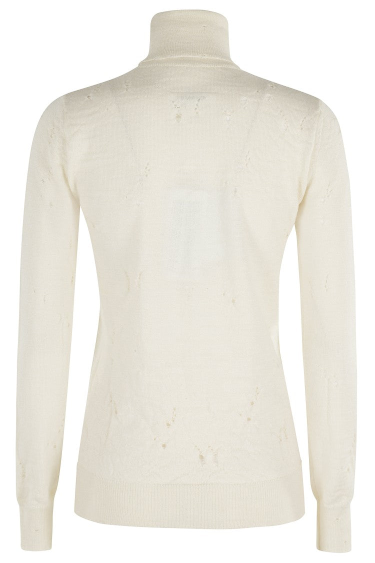 Mm6 By Maison Margiela High-Neck Cream Wool Pullover With Numeric Logo