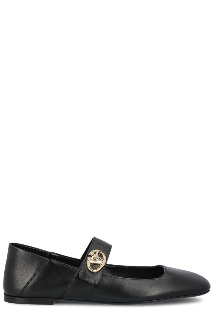 Valentino Pointed-Toe Black Calf Leather Flats With Circular Buckle Detail