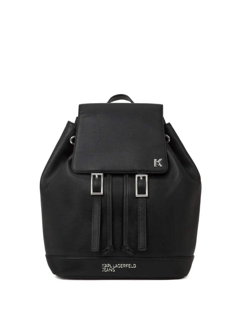 Karl Lagerfeld Smooth Finish Black Backpack With Buckle Closure