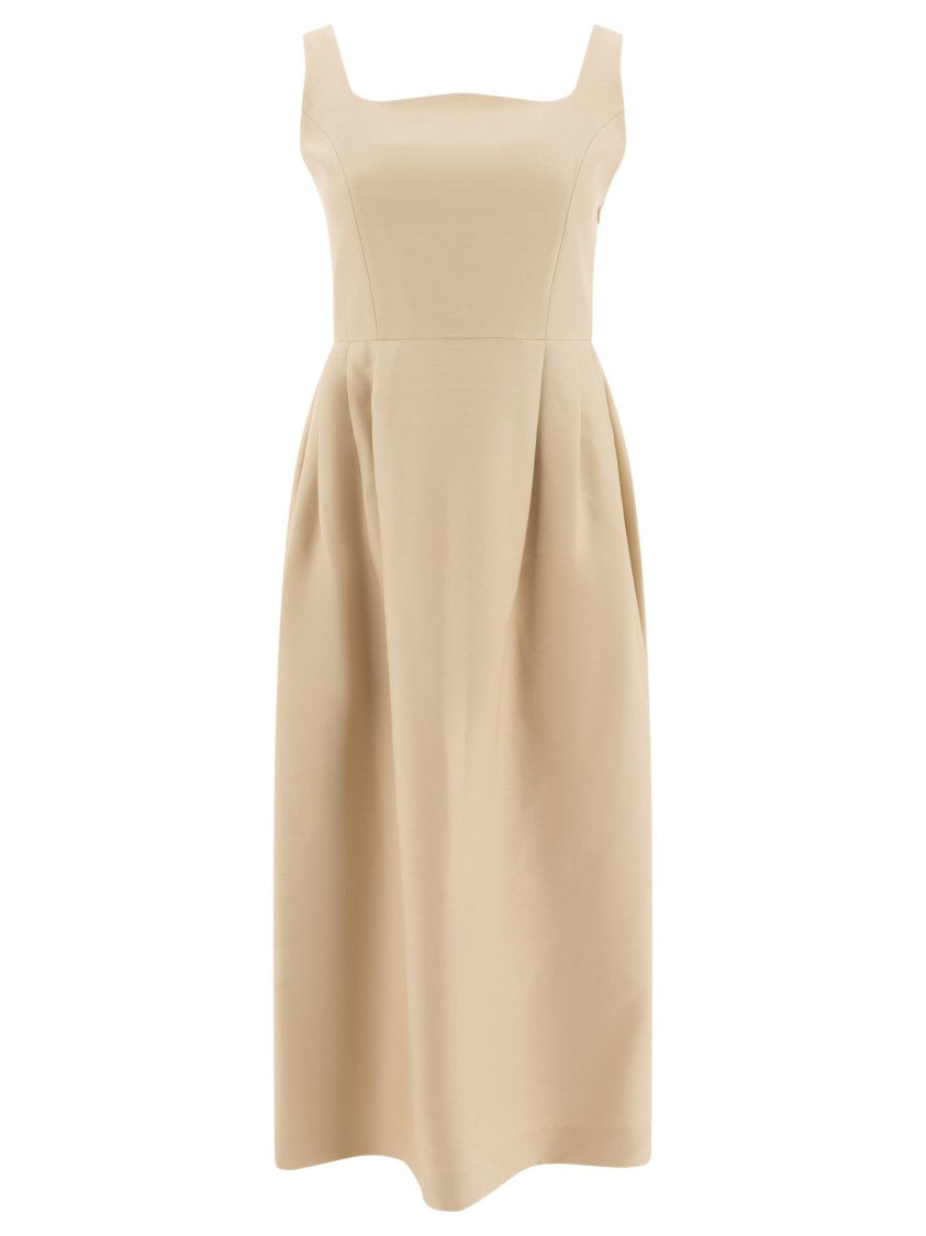 Sandbeige Fitted Dress With Square Neckline