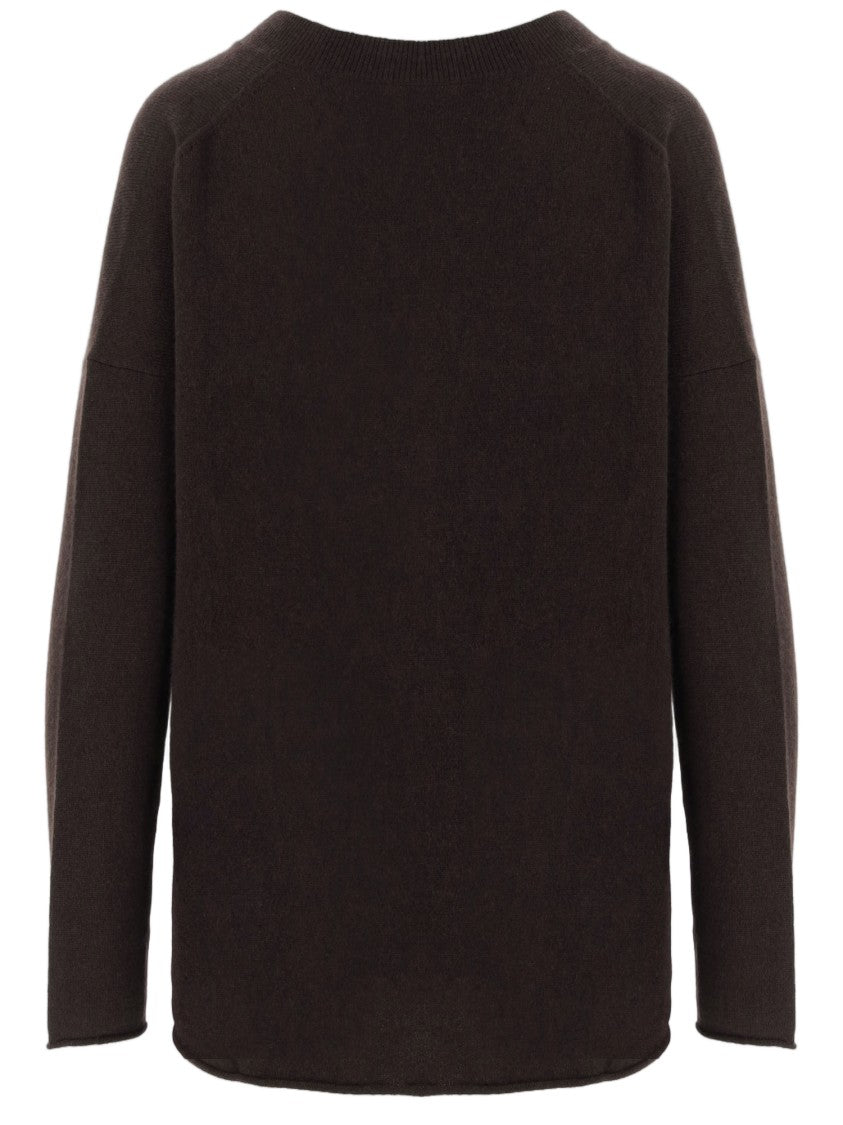 Allude Dark Brown Ribbed V-Neck Cashmere Sweater