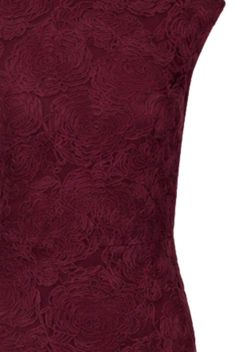 Rotate Burgundy High Neck Textured Floral Mesh Maxi Dress