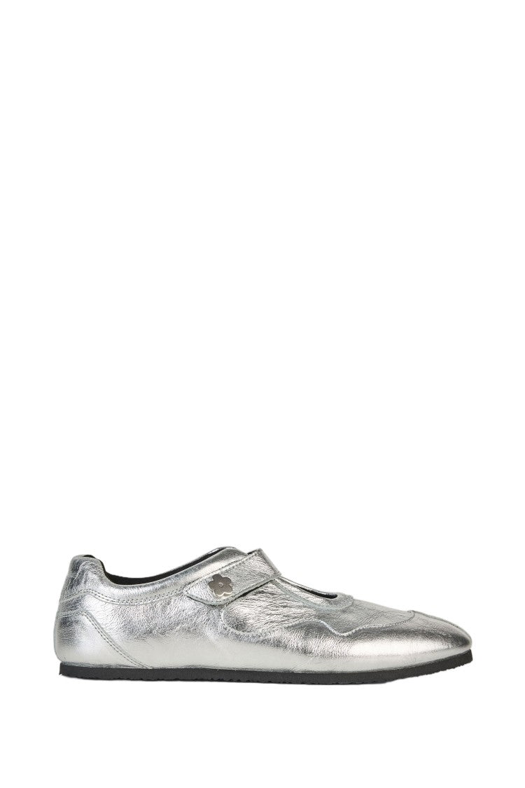 Cecilie Bahnsen Textured Silver Leather Mary Jane Sneakers With Velcro Closure