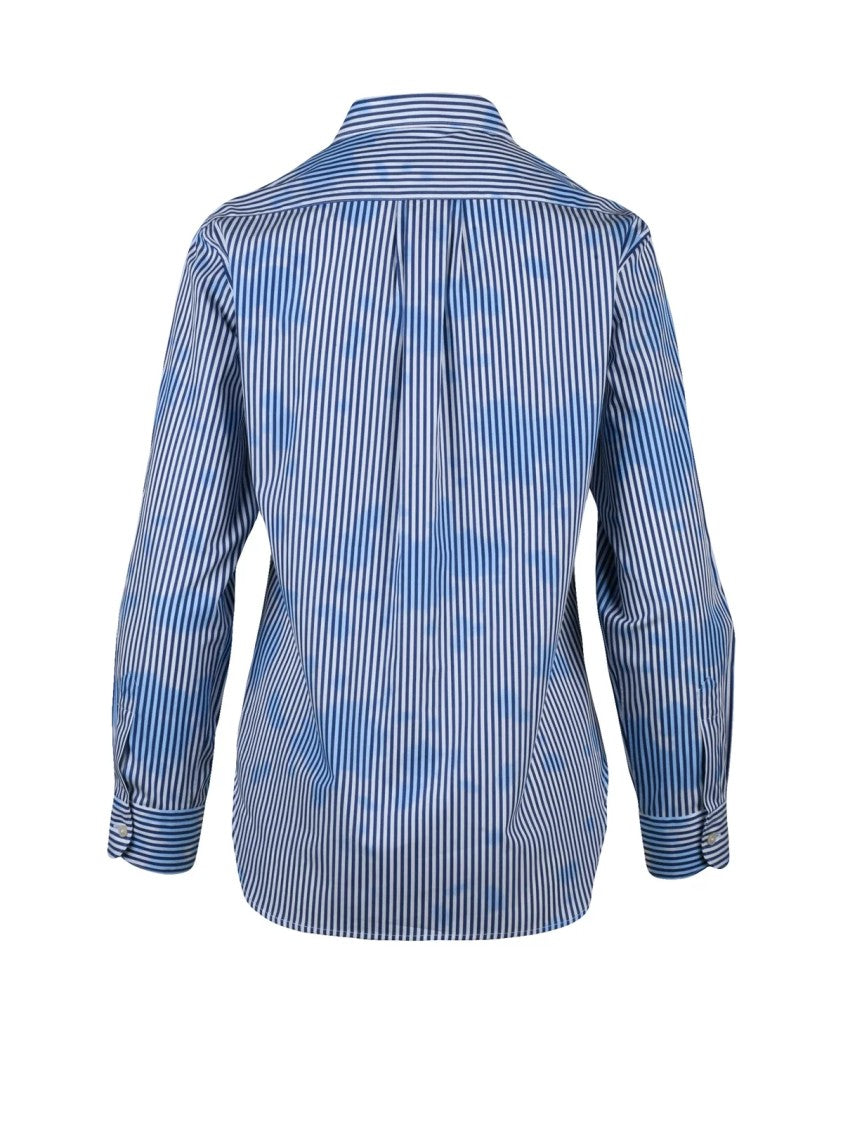 Deuxieme Vertical Stripe Cotton Shirt With Pleat Detail In Blue