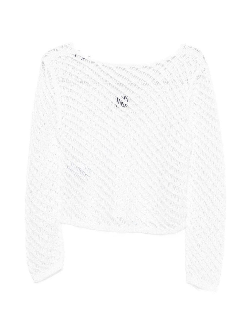 Pinko Open-Knit White Sweater With Subtle Shimmer And Diagonal Stripes