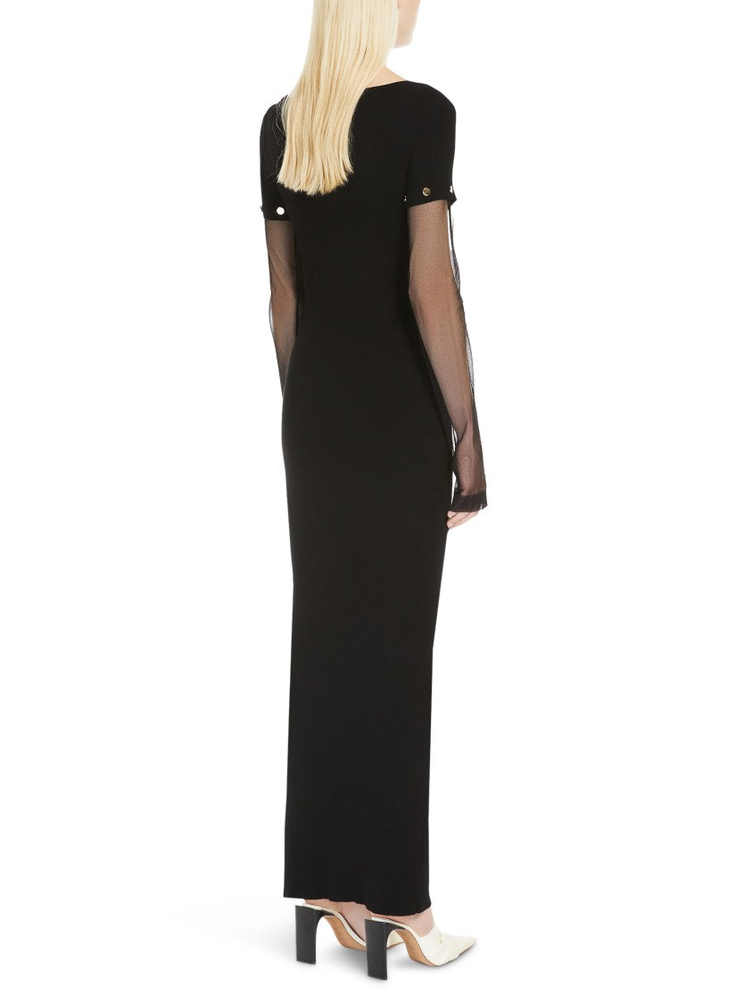 Max Mara Fitted Black Midi Dress With Sheer Sleeves And Decorative Buttons