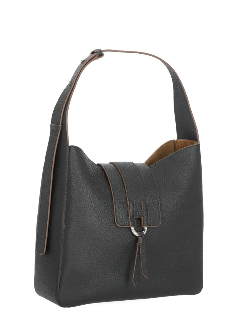 Hogan Black Textured Embossed Logo Leather Shoulder Bag