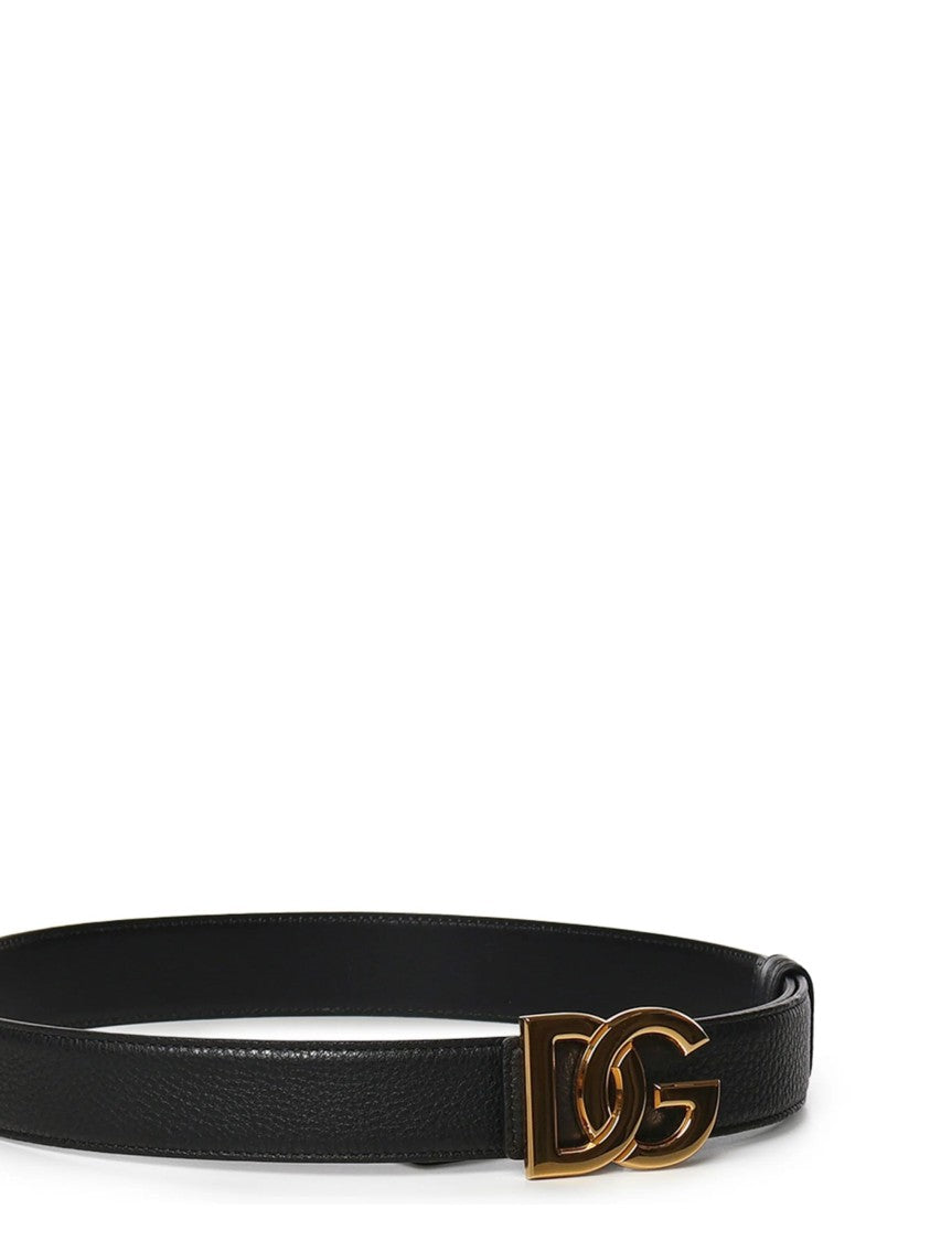 Dolce & Gabbana Textured Leather Belt With Iconic Gold-Tone Dg Buckle